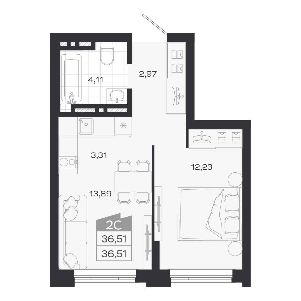 2-комнатная, 36.51 м², № 285 в Ясный берег-город у воды