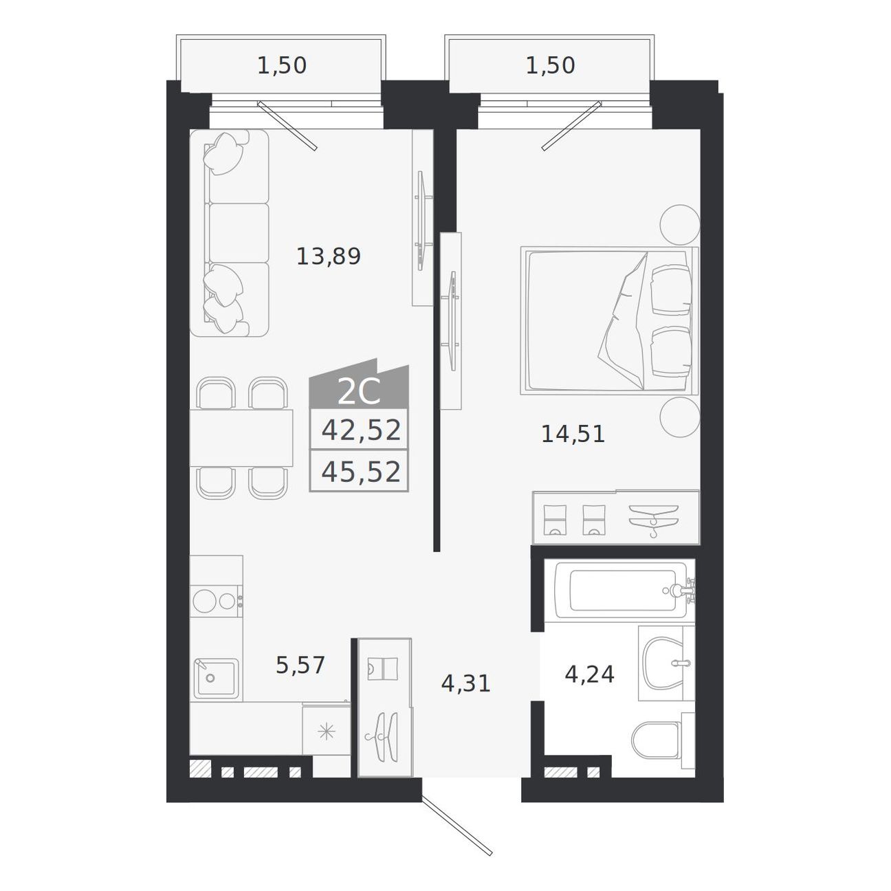2-комнатная, 45.52 м², № 408 в Ясный берег-город у воды