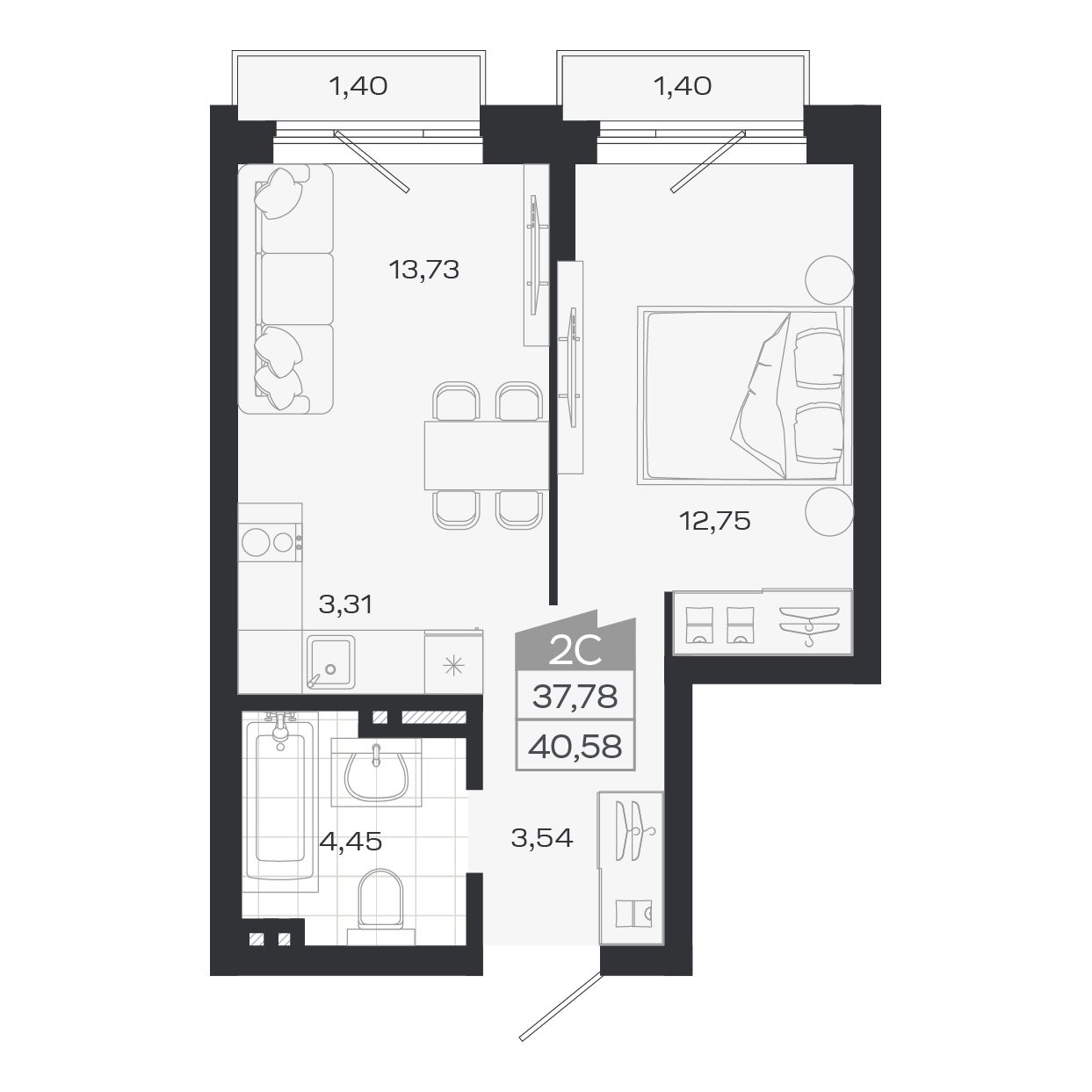 2-комнатная, 37.78 м², № 69 в Ясный берег-город у воды