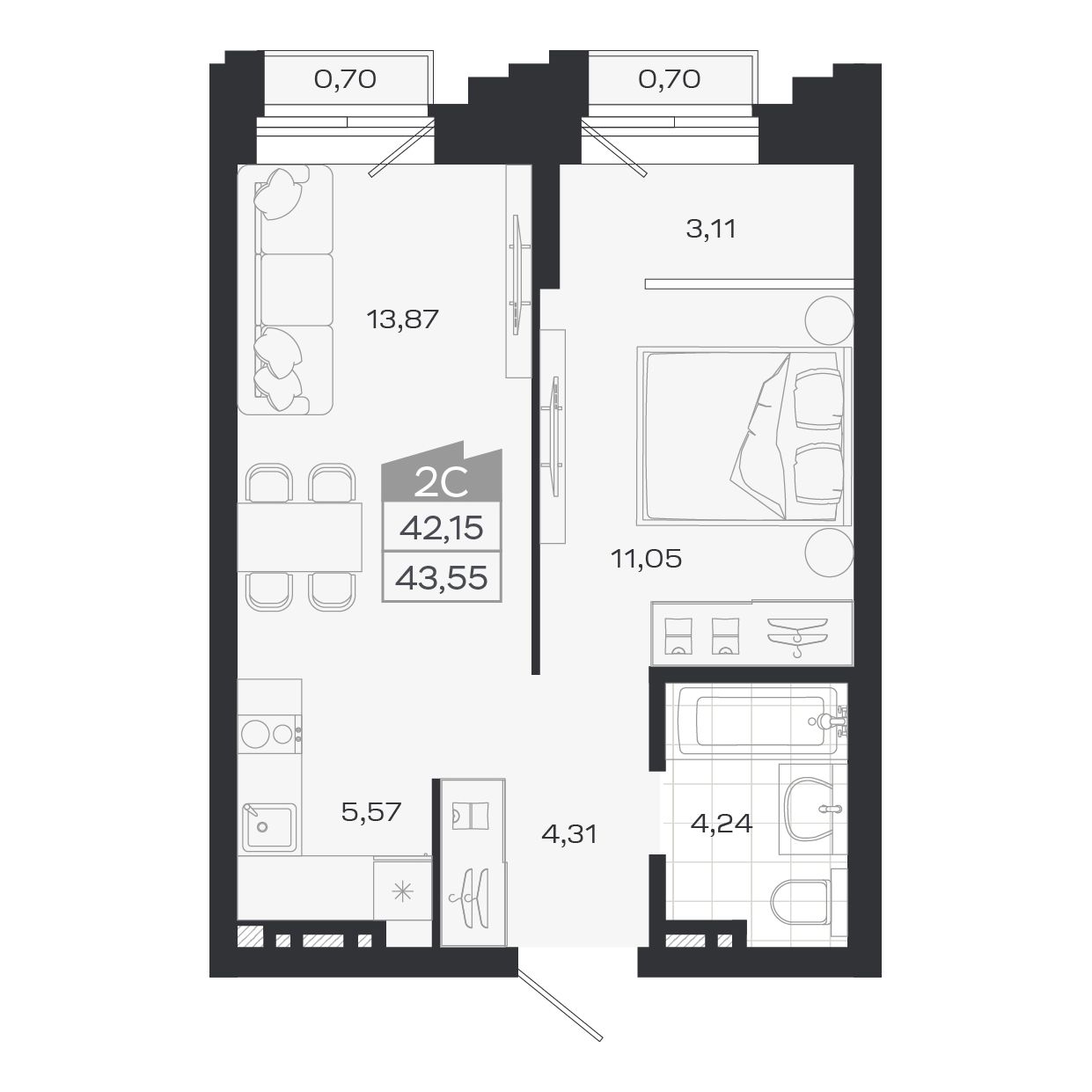 2-комнатная, 42.15 м², № 336 в Ясный берег-город у воды