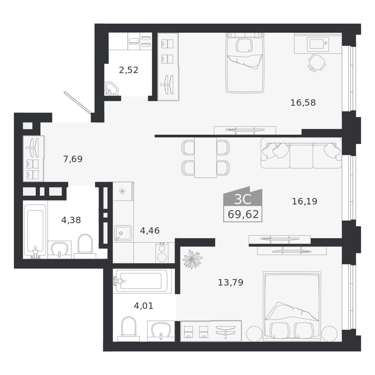 3-комнатная, 69.62 м², № 268 в Ясный берег-город у воды