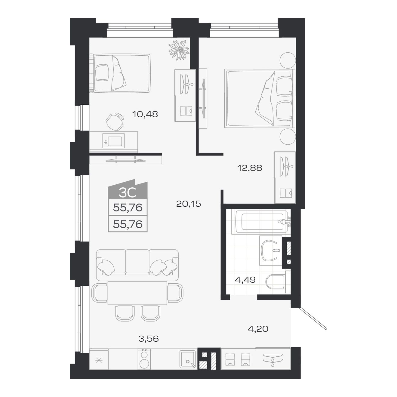 3-комнатная, 55.76 м², № 80 в Ясный берег-город у воды