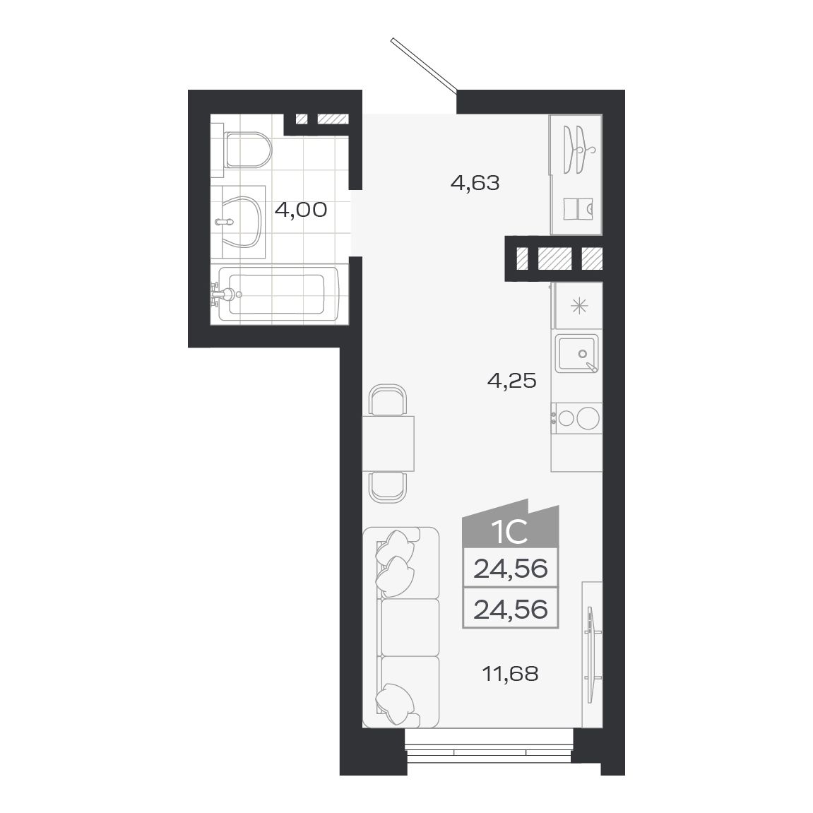 Студия, 24.56 м², № 88 в Ясный берег-город у воды