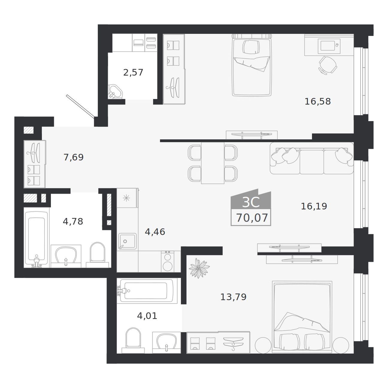 3-комнатная, 70.07 м², № 86 в Ясный берег-город у воды