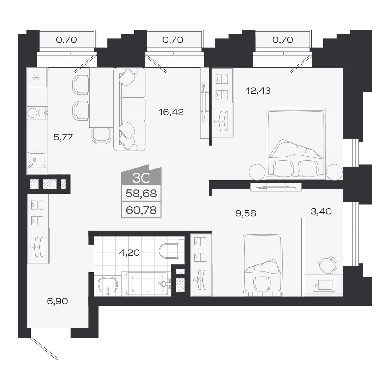 3-комнатная, 58.68 м², № 29 в Ясный берег-город у воды