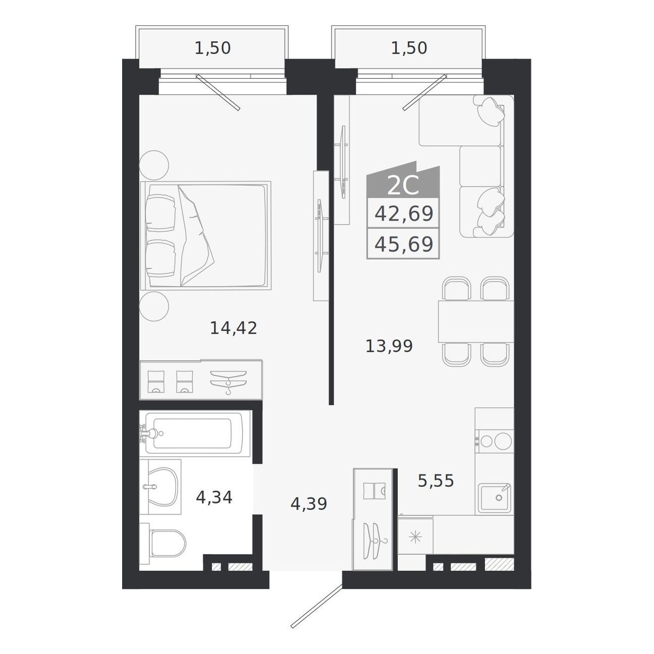2-комнатная, 45.69 м², № 410 в Ясный берег-город у воды