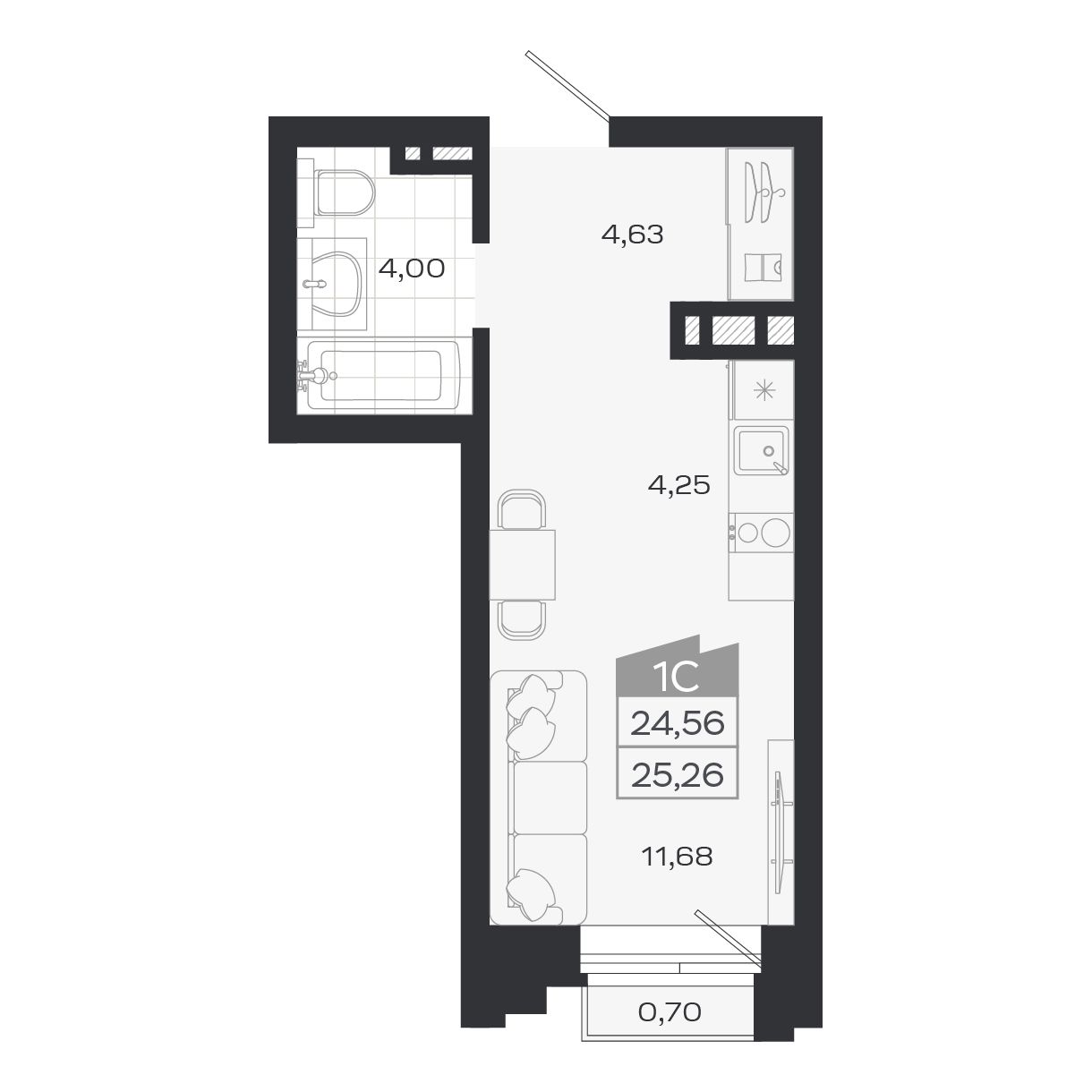 Студия, 24.56 м², № 19 в Ясный берег-город у воды
