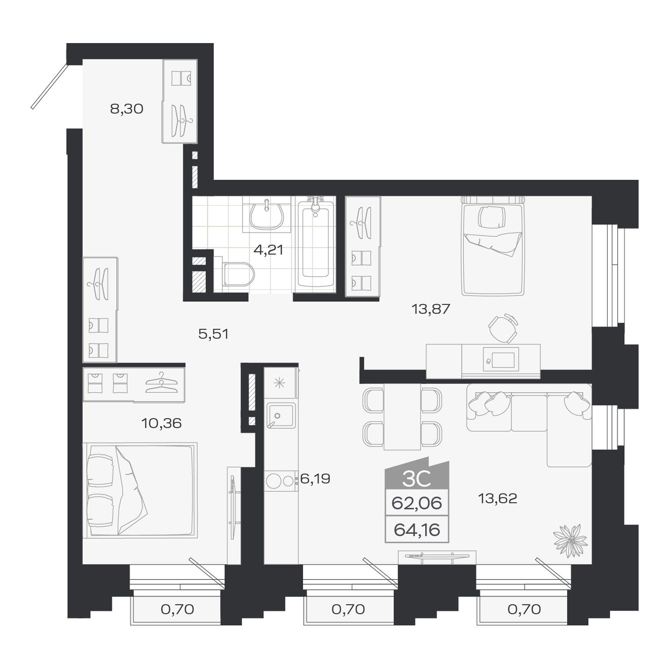 3-комнатная, 62.06 м², № 341 в Ясный берег-город у воды