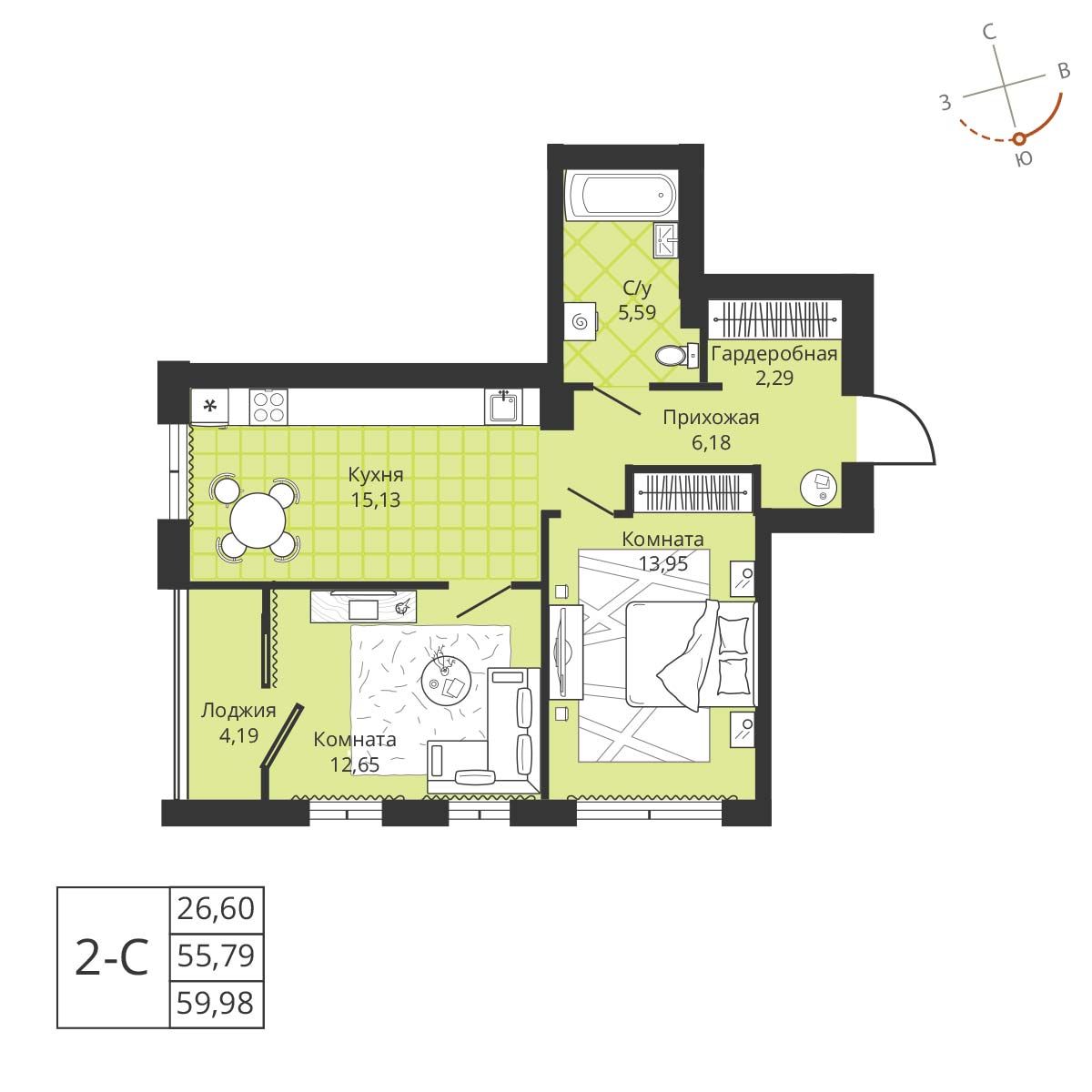 2-комнатная, 56.2 м², № 24 в Tesla Park (Тесла парк)