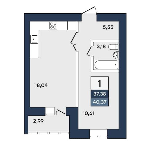 1-комнатная, 37.38 м² 1
