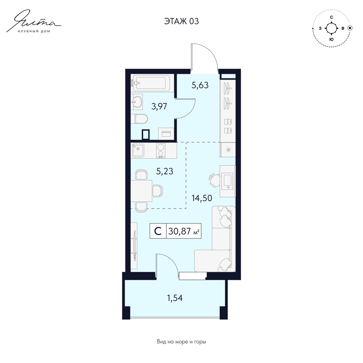 Студия, 31 м² · Клубный дом Ялта