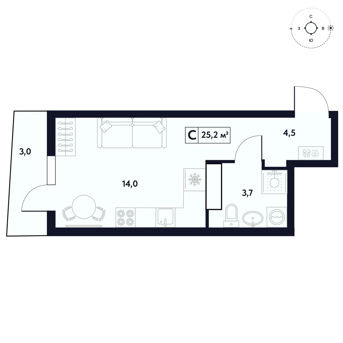 Студия, 23.44 м² · Бирюзовый квартал