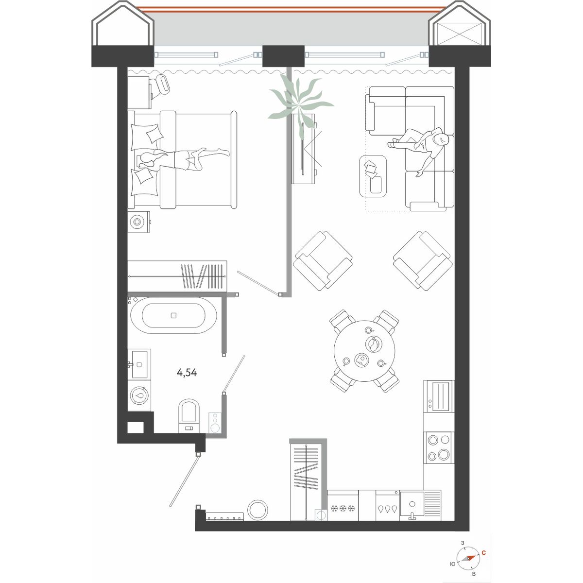 1-комнатная, 53.69 м², № 5 в Бронза
