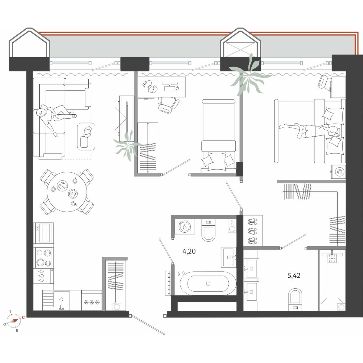 2-комнатная, 65.11 м², № 18 в Бронза