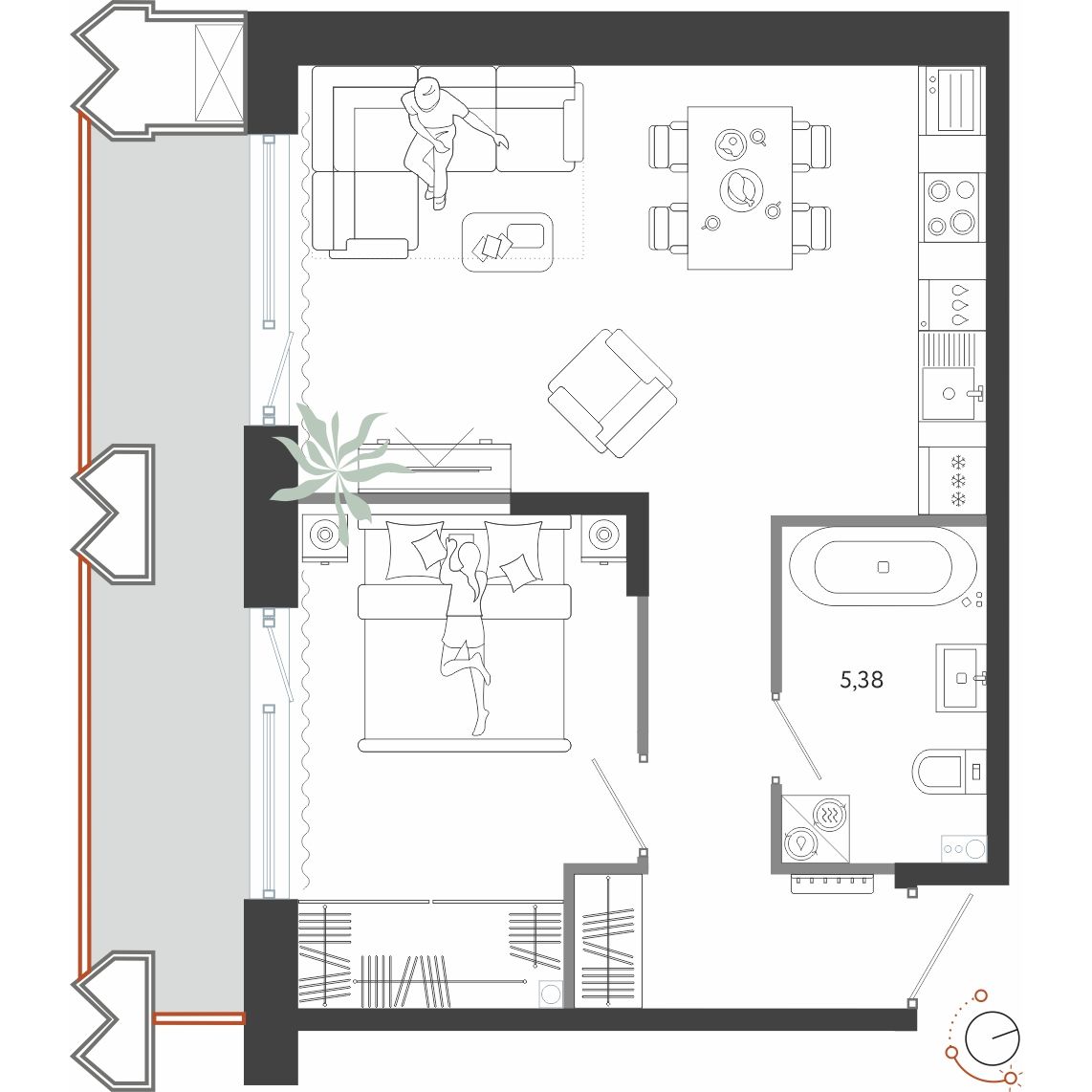 1-комнатная, 51.43 м², № 56 в Бронза