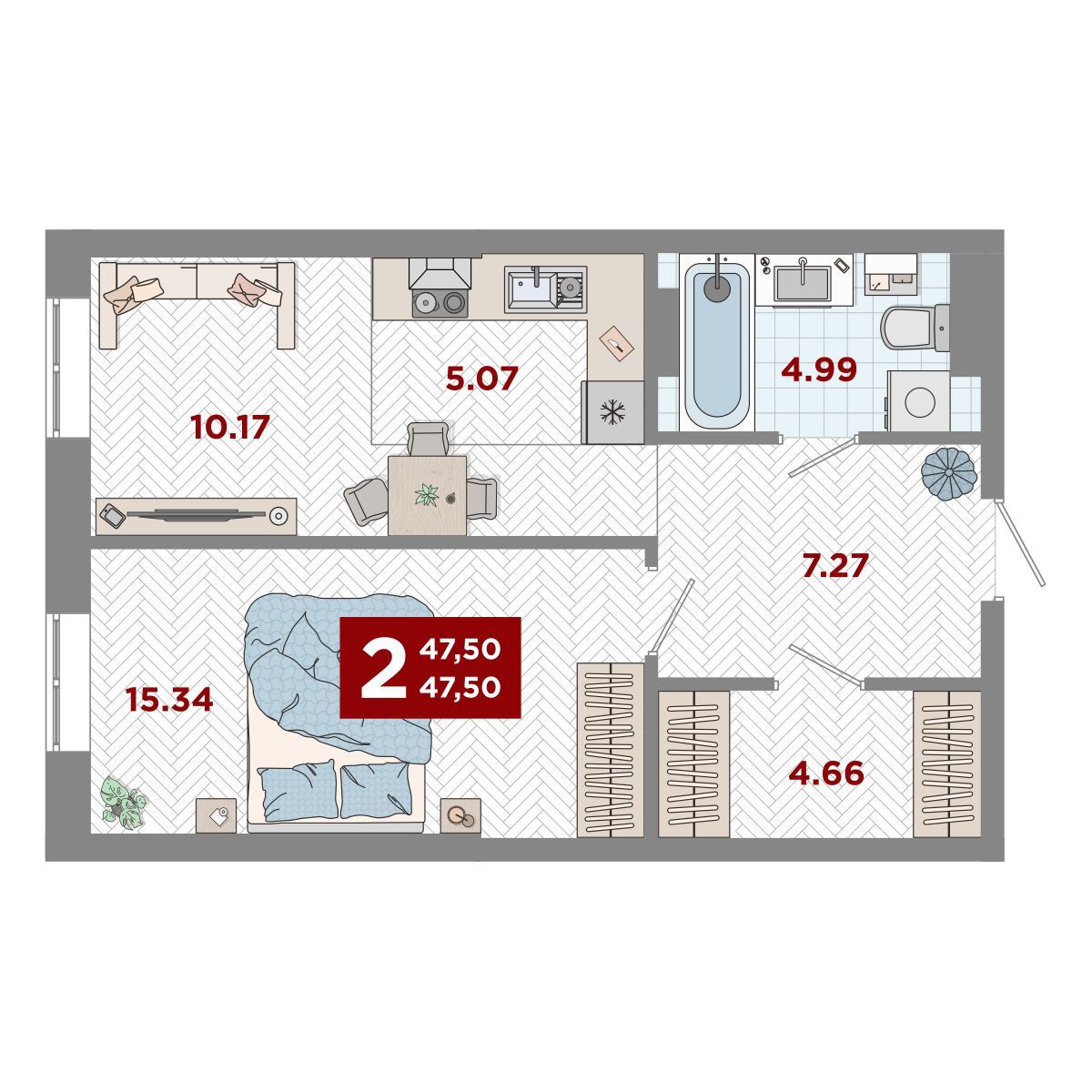 2-комнатная, 47.5 м², № 21 в Port May (Порт Мэй)