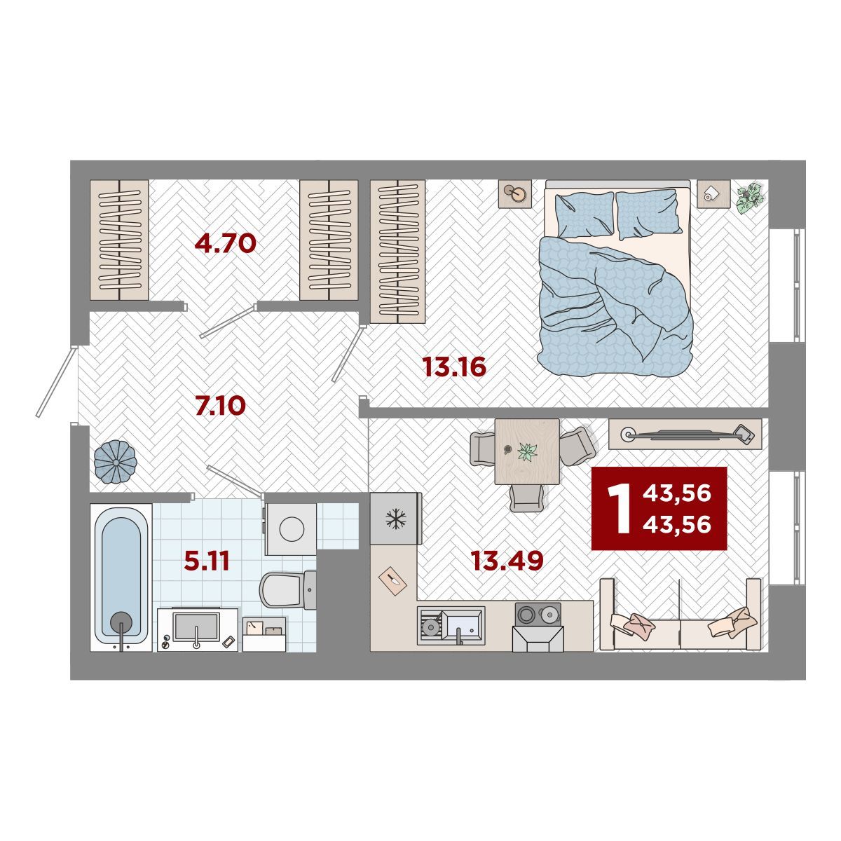 1-комнатная, 43.56 м², № 24 в Port May (Порт Мэй)