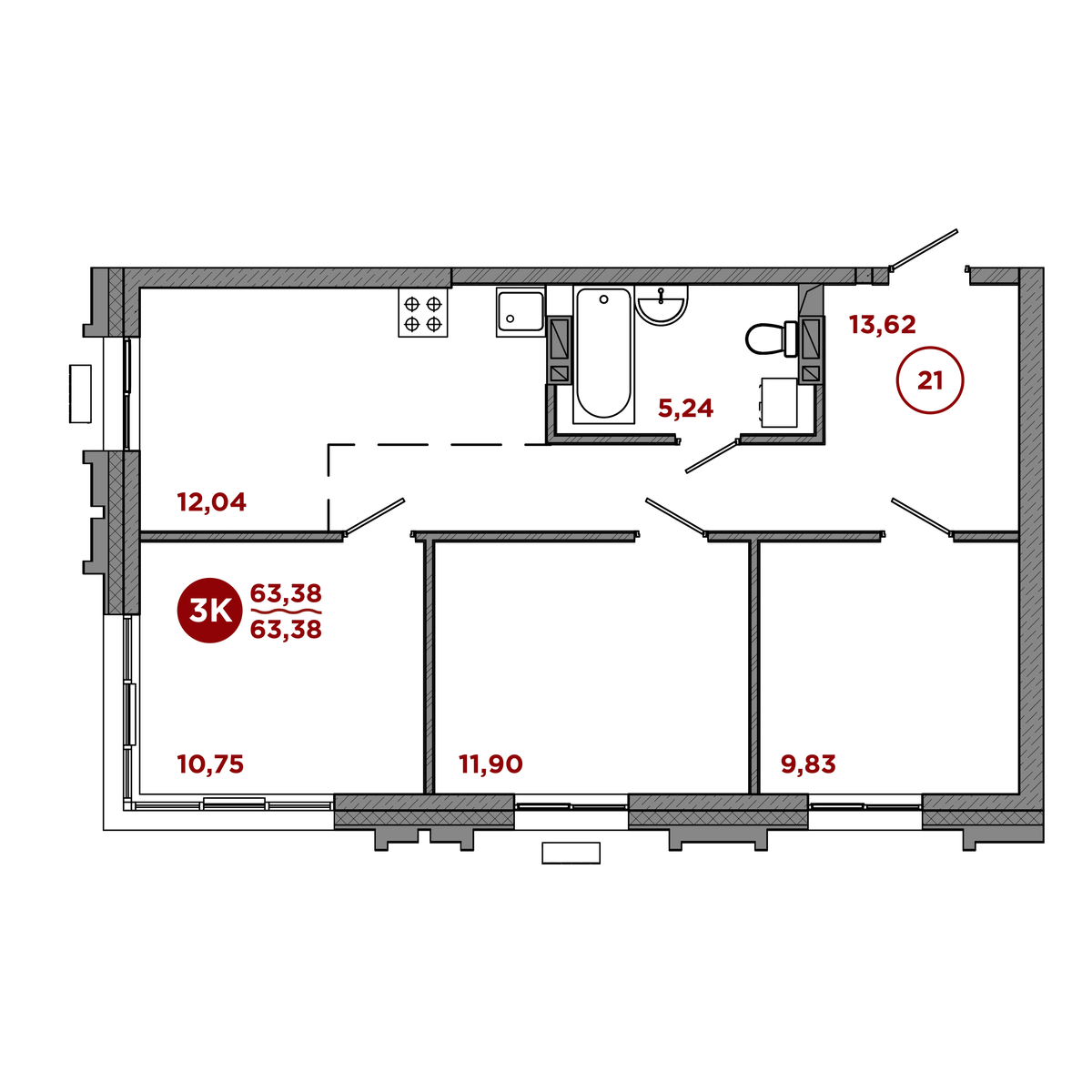 3-комнатная, 63.38 м², № 16 в Port May (Порт Мэй)