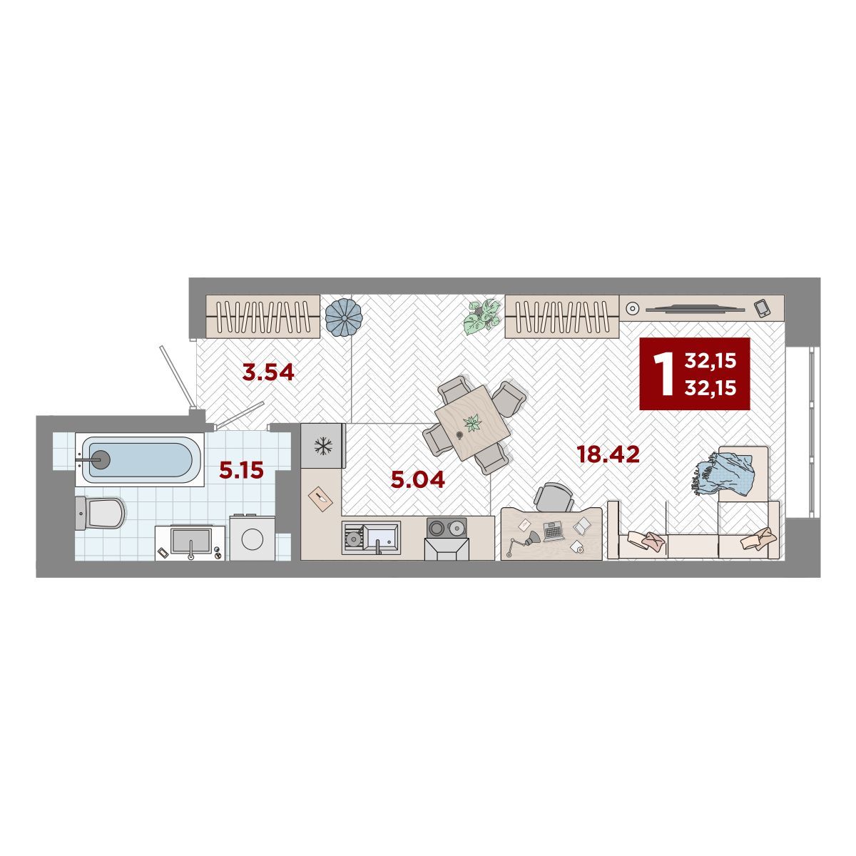 1-комнатная, 32.15 м², № 13 в Port May (Порт Мэй)