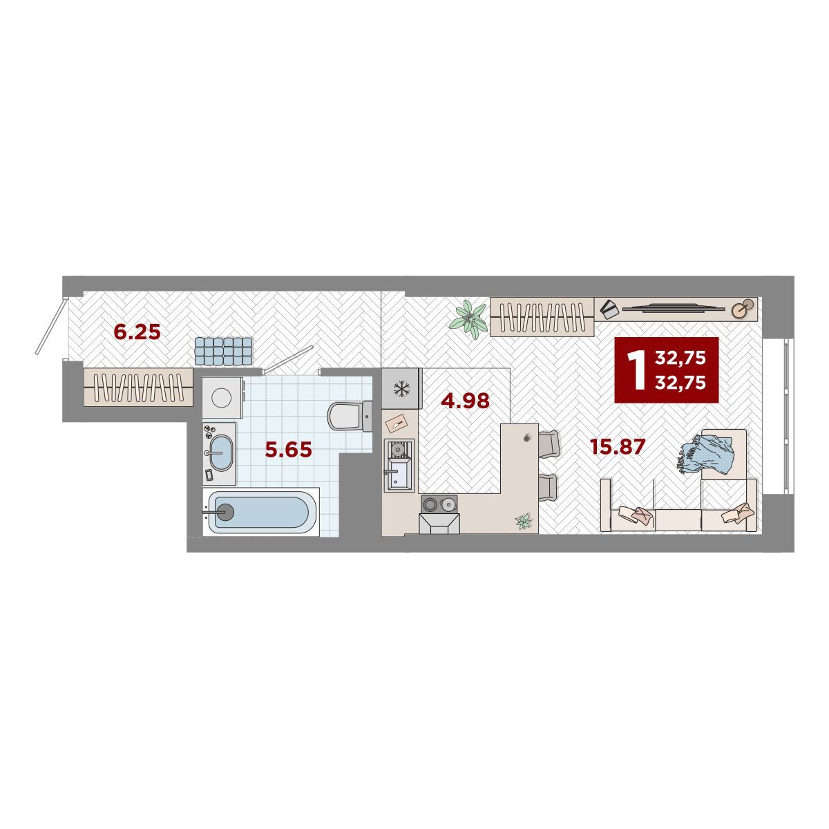 1-комнатная, 32.75 м², № 14 в Port May (Порт Мэй)