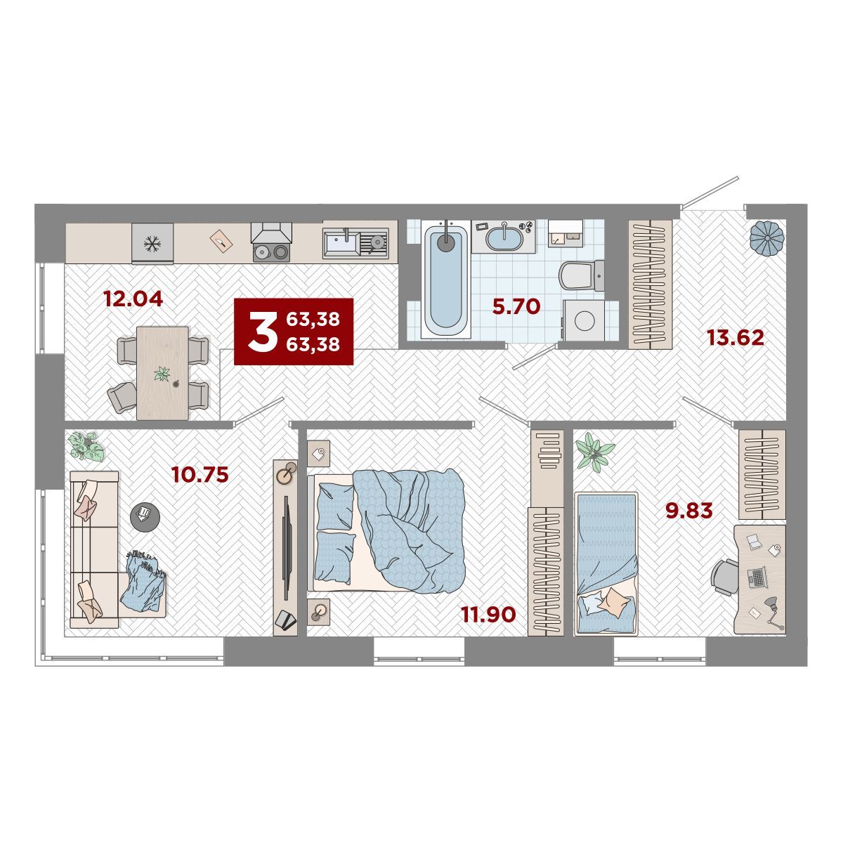3-комнатная, 63.38 м², № 16 в Port May (Порт Мэй)