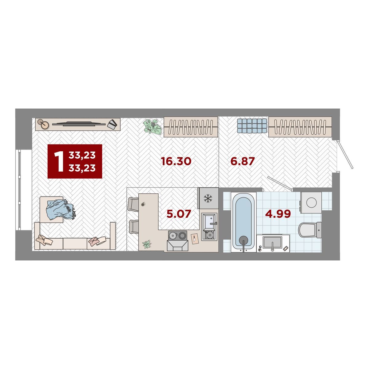 1-комнатная, 33.23 м², № 20 в Port May (Порт Мэй)