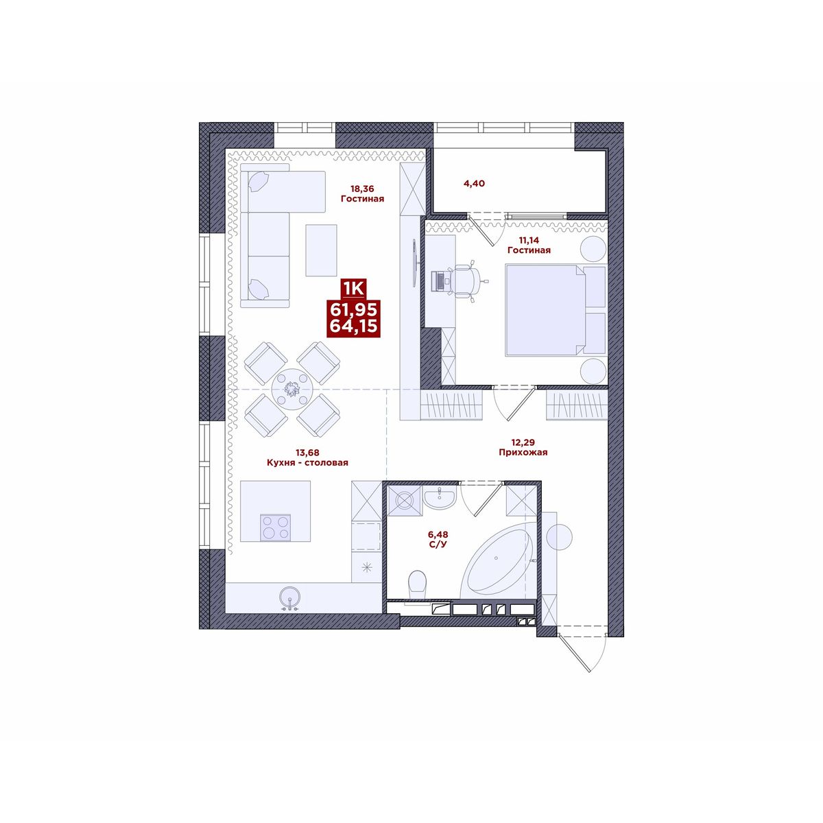 1-комнатная, 64.15 м², № 21 в MacLay (Маклей)