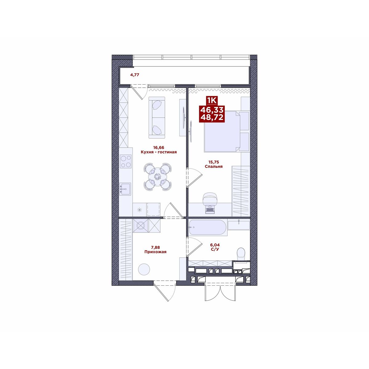 1-комнатная, 48.72 м², № 52 в MacLay (Маклей)