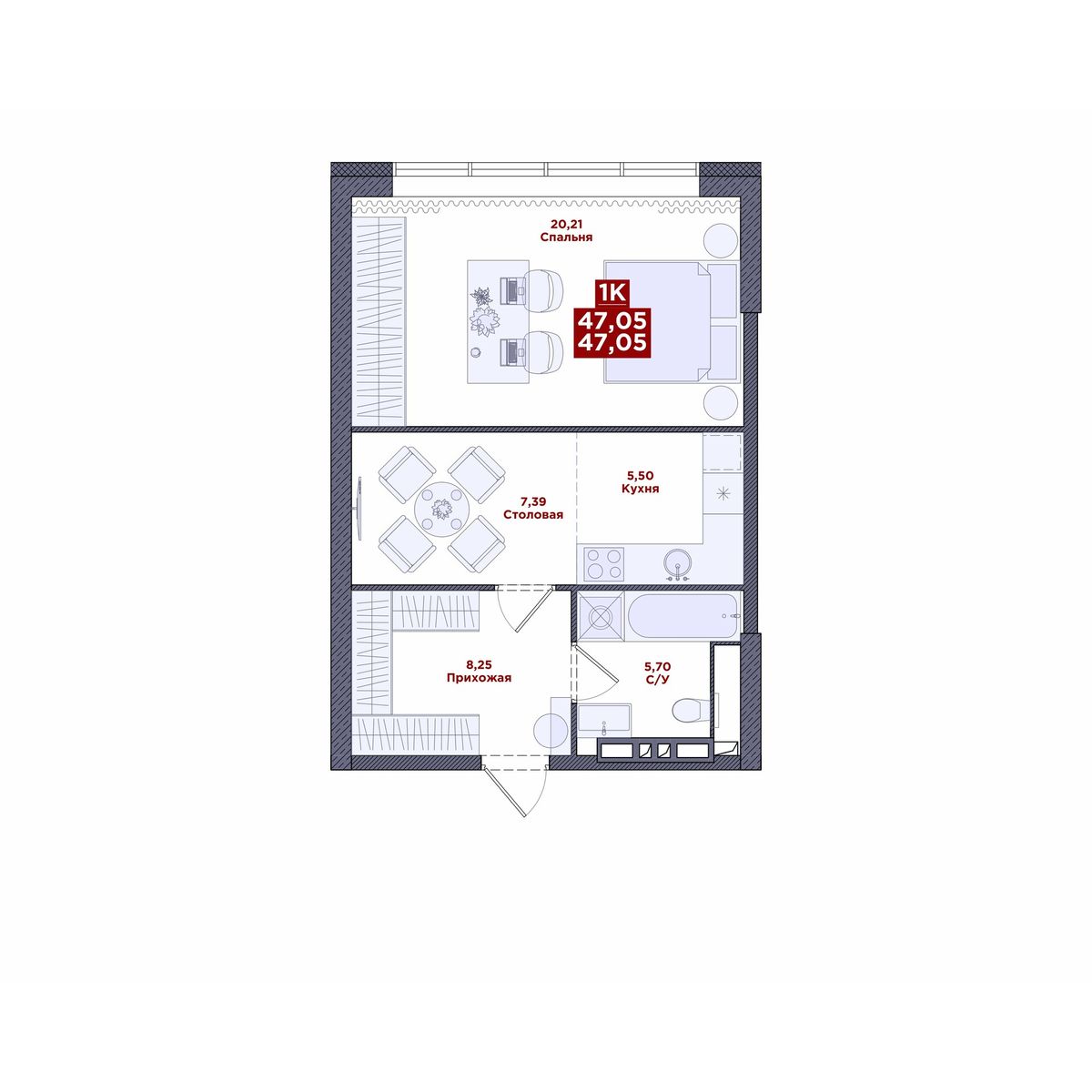 1-комнатная, 47.05 м², № 66 в MacLay (Маклей)