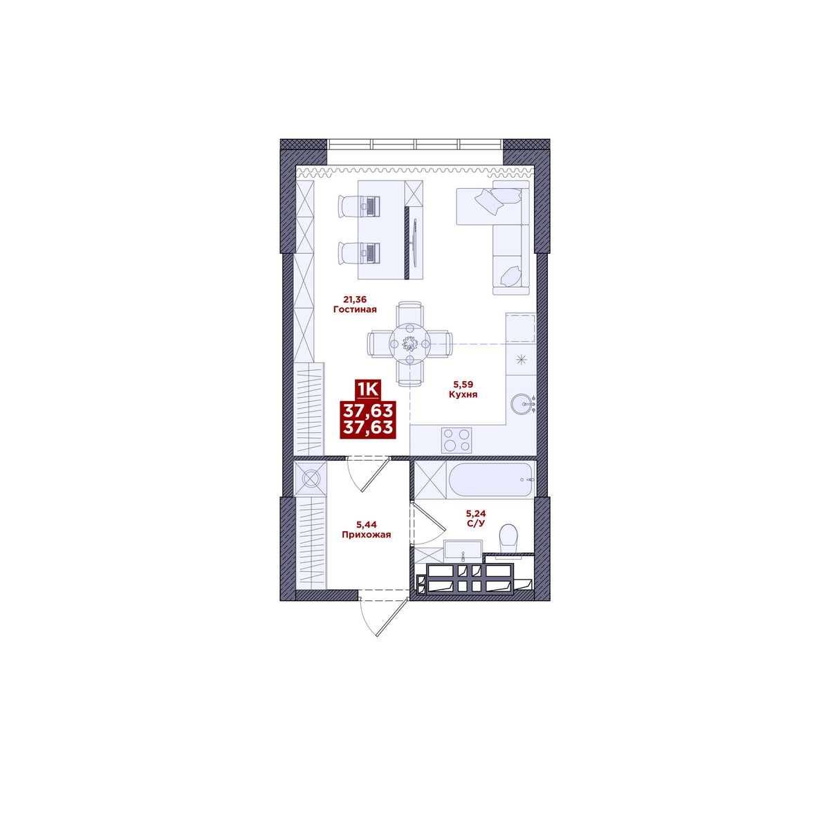 1-комнатная, 37.63 м², № 138 в MacLay (Маклей)
