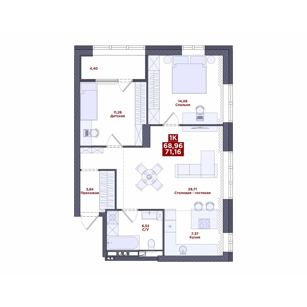 1-комнатная, 71.16 м², № 60 в MacLay (Маклей)