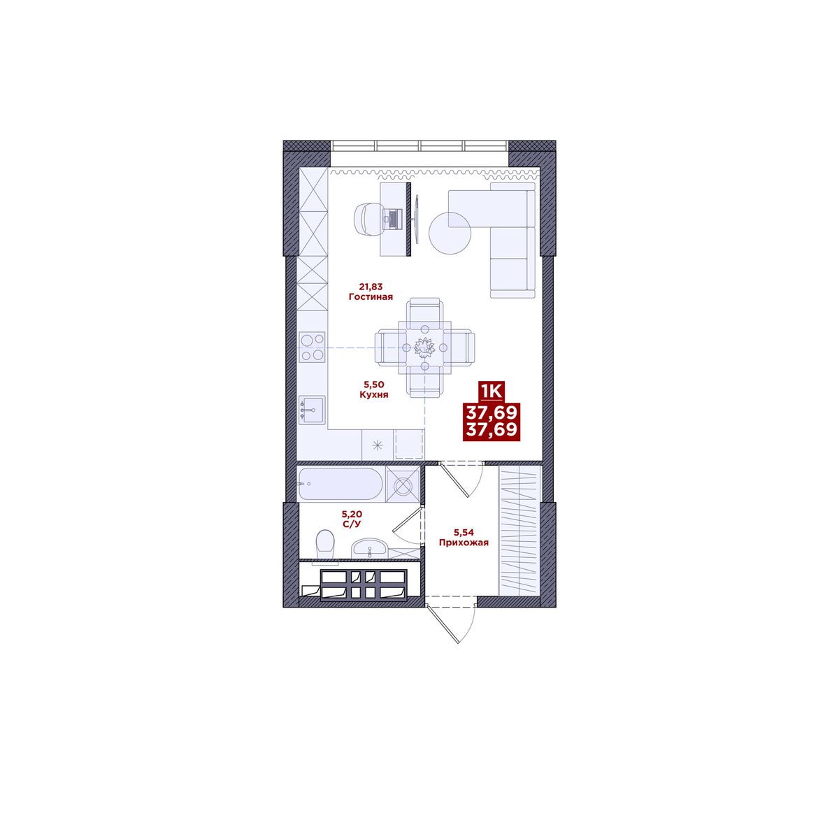 1-комнатная, 37.69 м², № 167 в MacLay (Маклей)