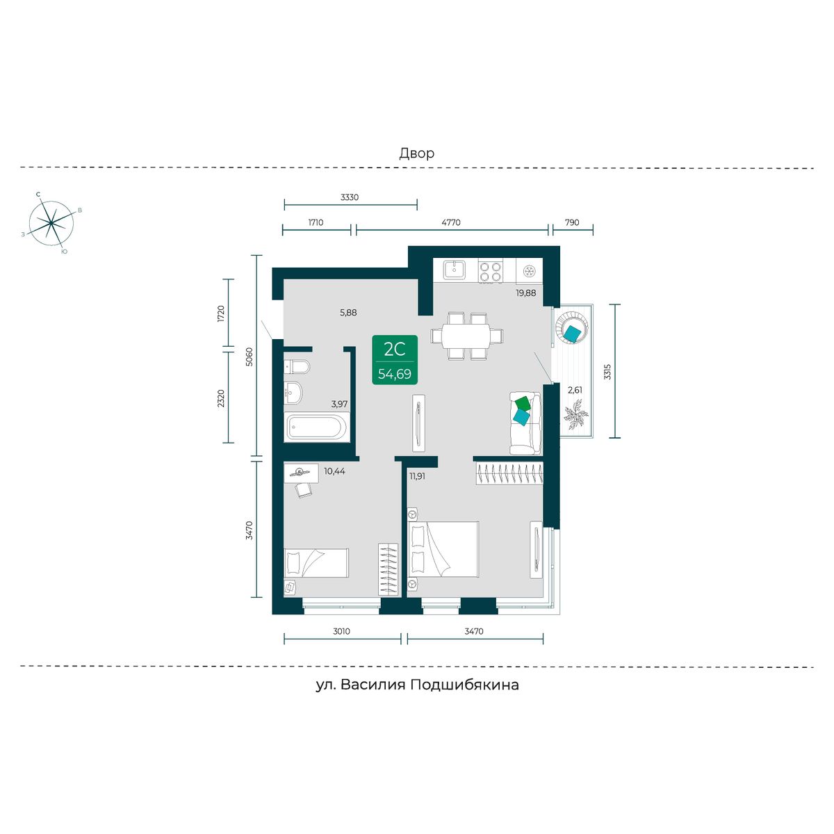 Купить 2-комнатную квартиру 54.69 м² за 6900000 руб в новостройке в городе  Тюмень