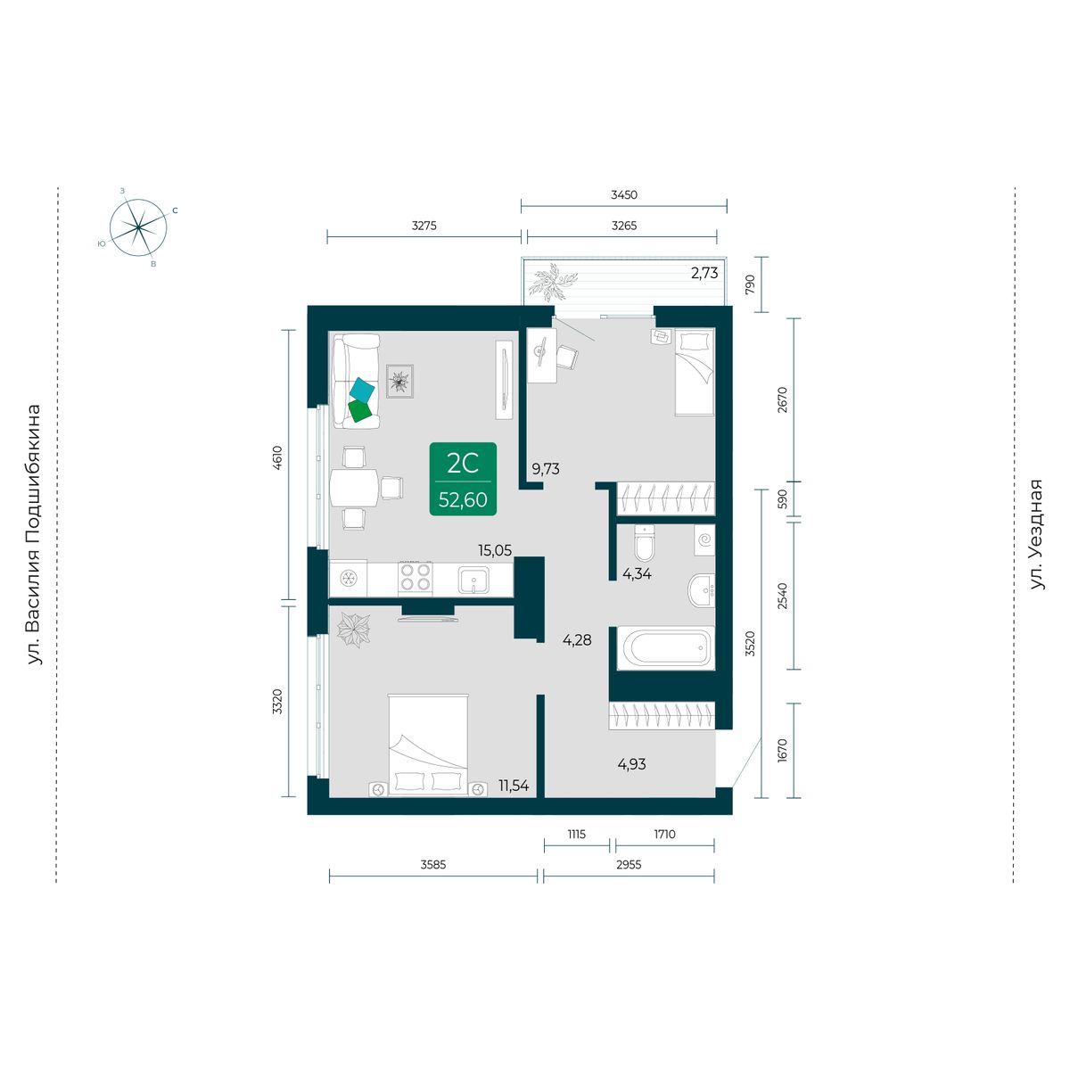 Купить 2-комнатную квартиру 52.6 м² за 0 руб в новостройке в городе Тюмень