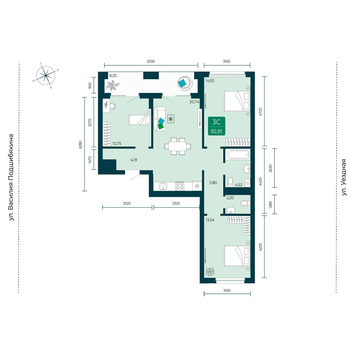 Купить 3-комнатную квартиру 82.81 м² за 9500000 руб в новостройке в городе  Тюмень