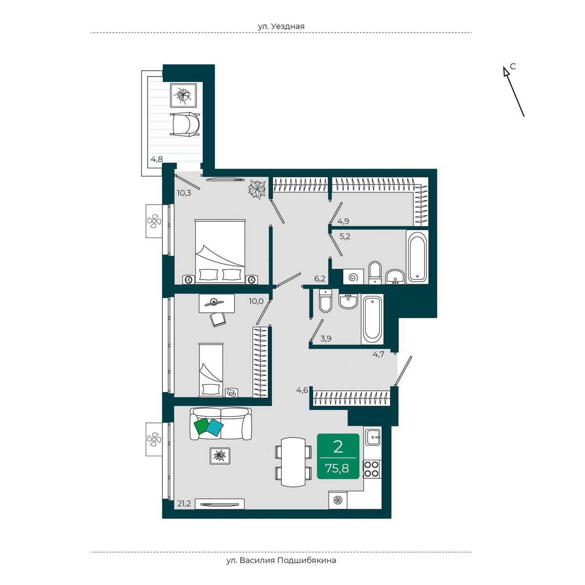 Планировка: Евротрешка 75.8 м² в ЖК Уездные кварталы, Тюменская слобода
