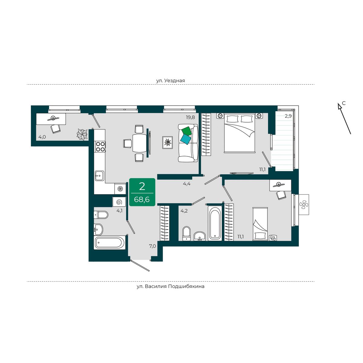 Планировка: Евротрешка 68.6 м² в ЖК Уездные кварталы, Тюменская слобода