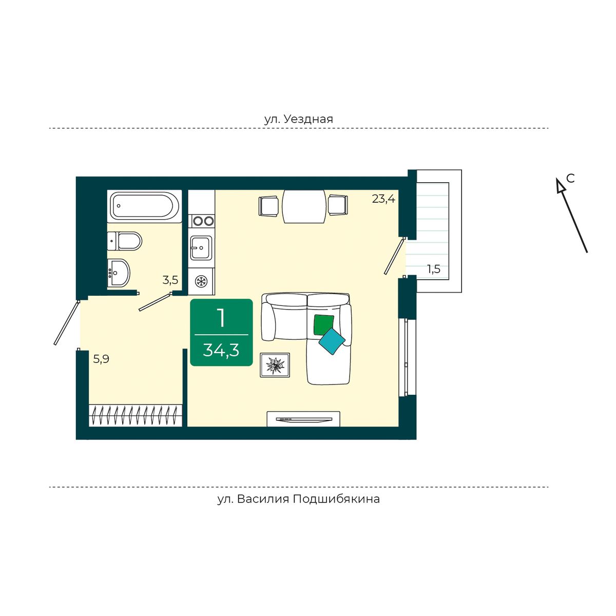 Планировка: Студия 34.3 м² в ЖК Уездные кварталы, Тюменская слобода