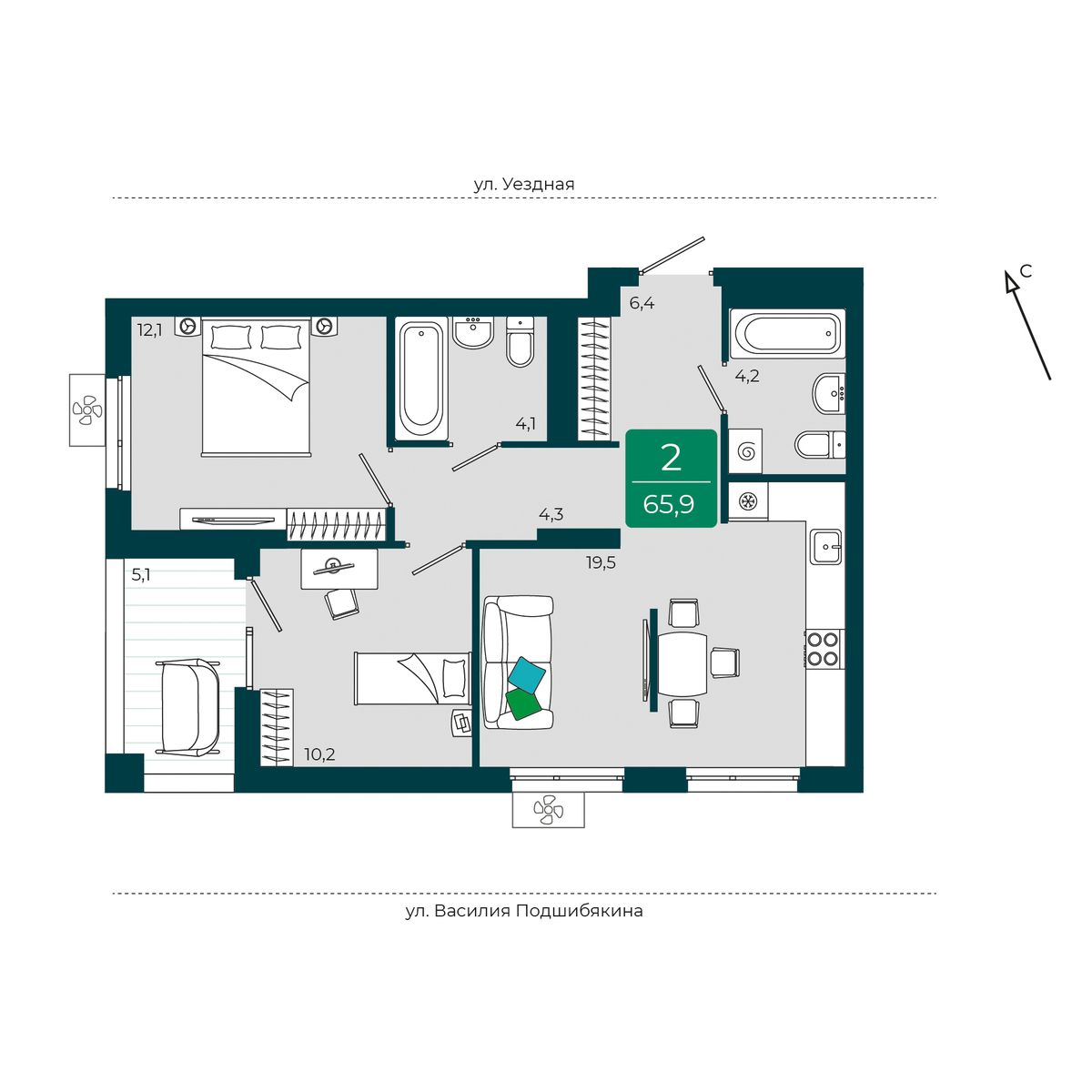 Планировка: Евротрешка 65.9 м² в ЖК Уездные кварталы, Тюменская слобода