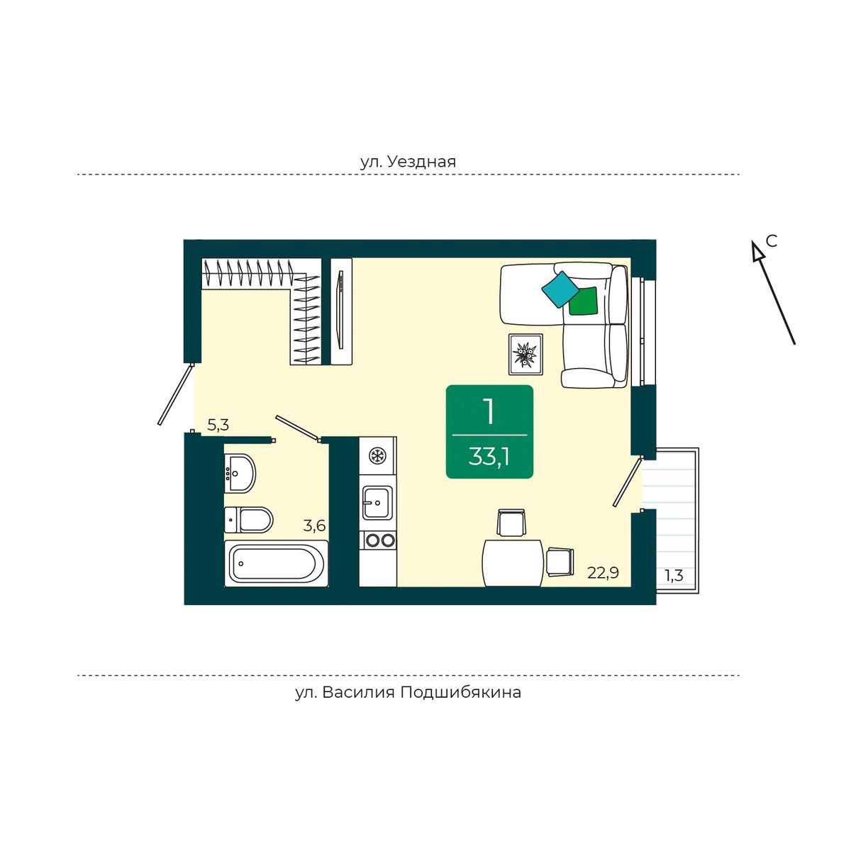 Планировка: Студия 33.1 м² в ЖК Уездные кварталы, Тюменская слобода