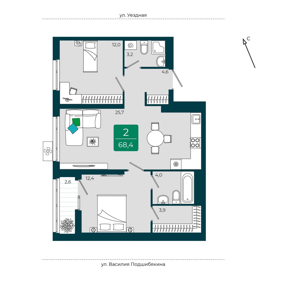Планировка: Евротрешка 68.4 м² в ЖК Уездные кварталы, Тюменская слобода