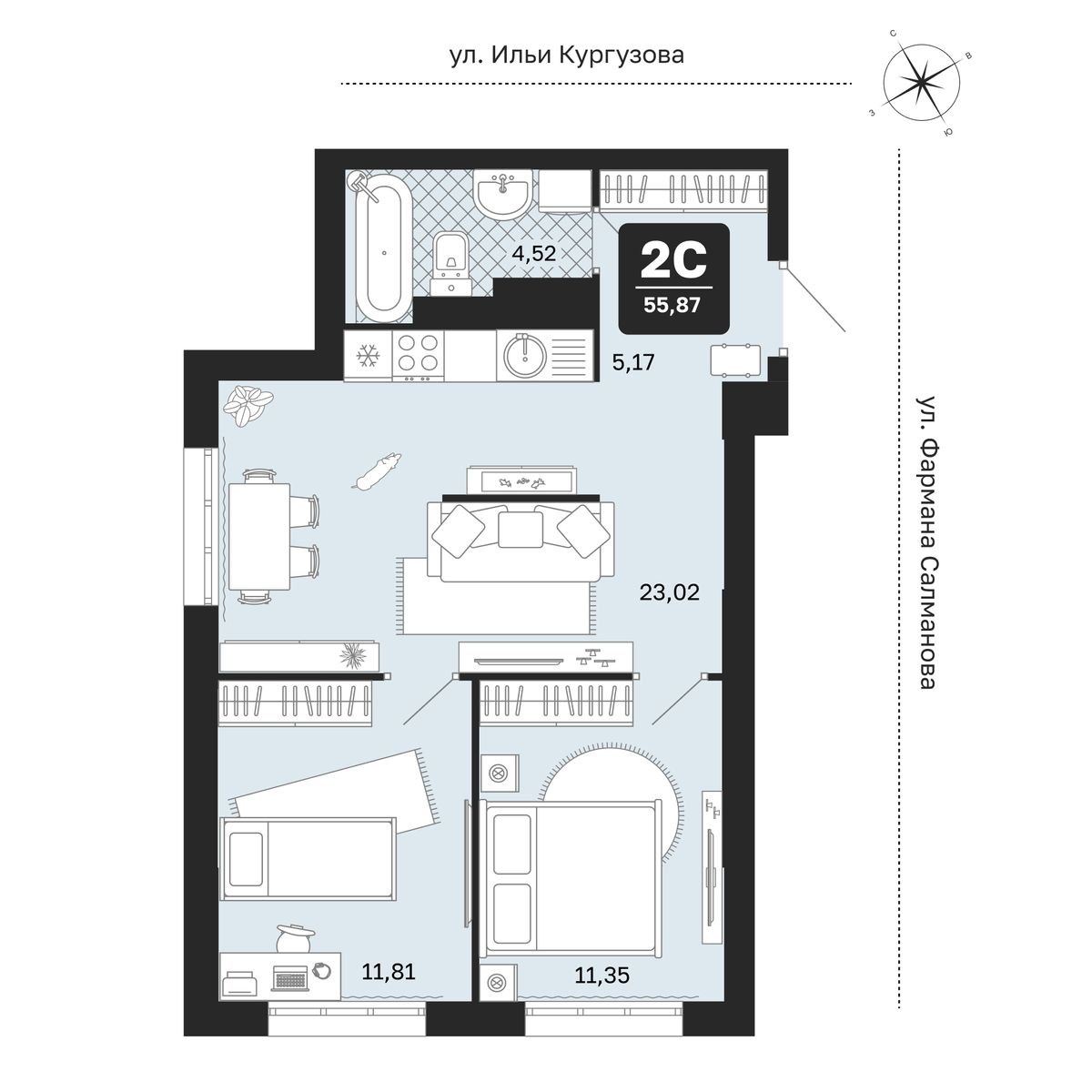 Планировка: Формат уточняется 55.9 м² в ЖК Мидгард в Комарово Парк, От Слободы до Комарово парк