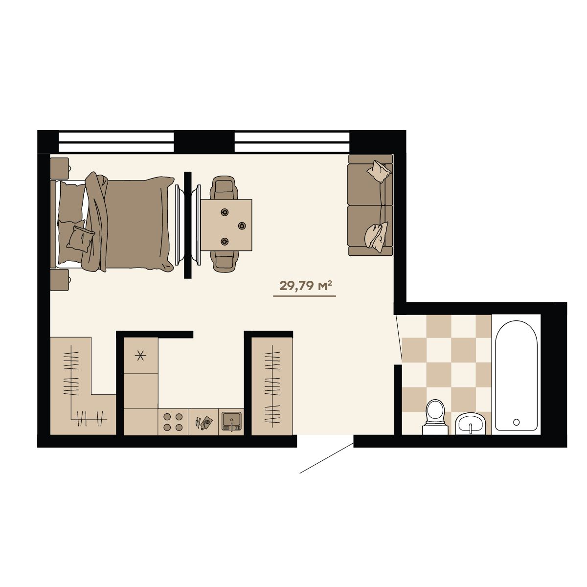 1-комнатная, 29.79 м² 1