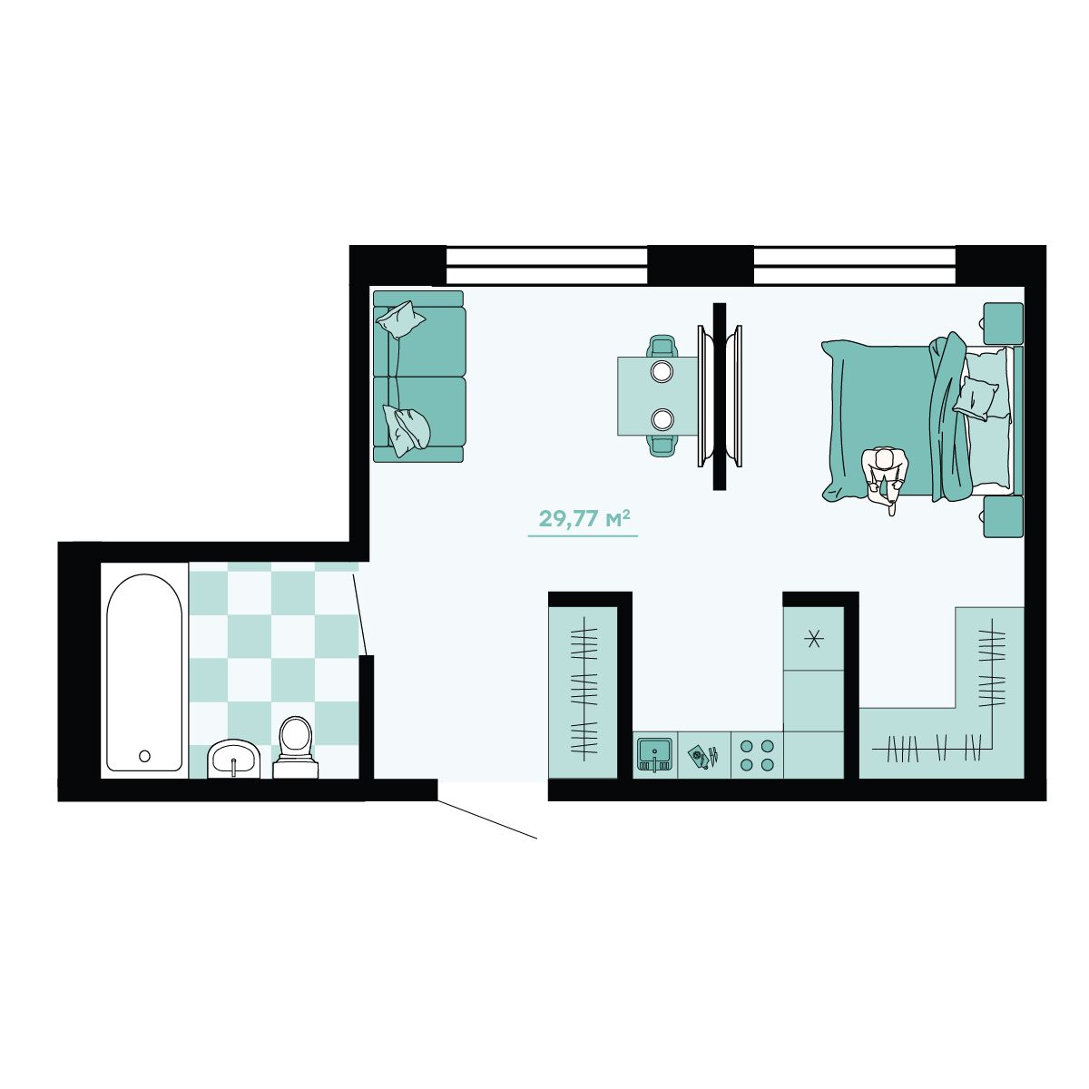 1-комнатная, 29.77 м² 1
