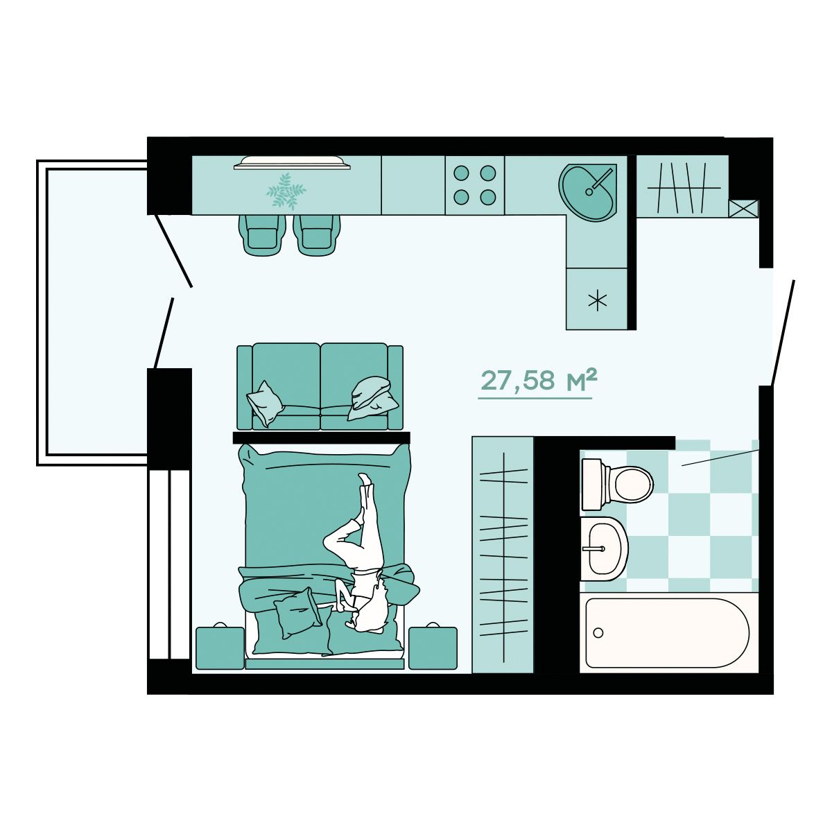 1-комнатная, 27.58 м² 1