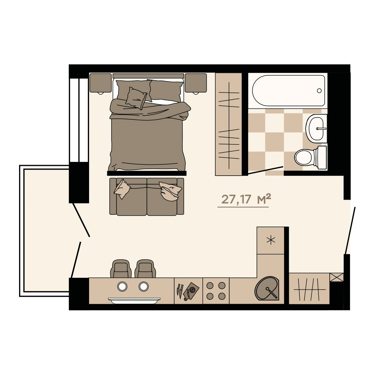 1-комнатная, 27.17 м² 1