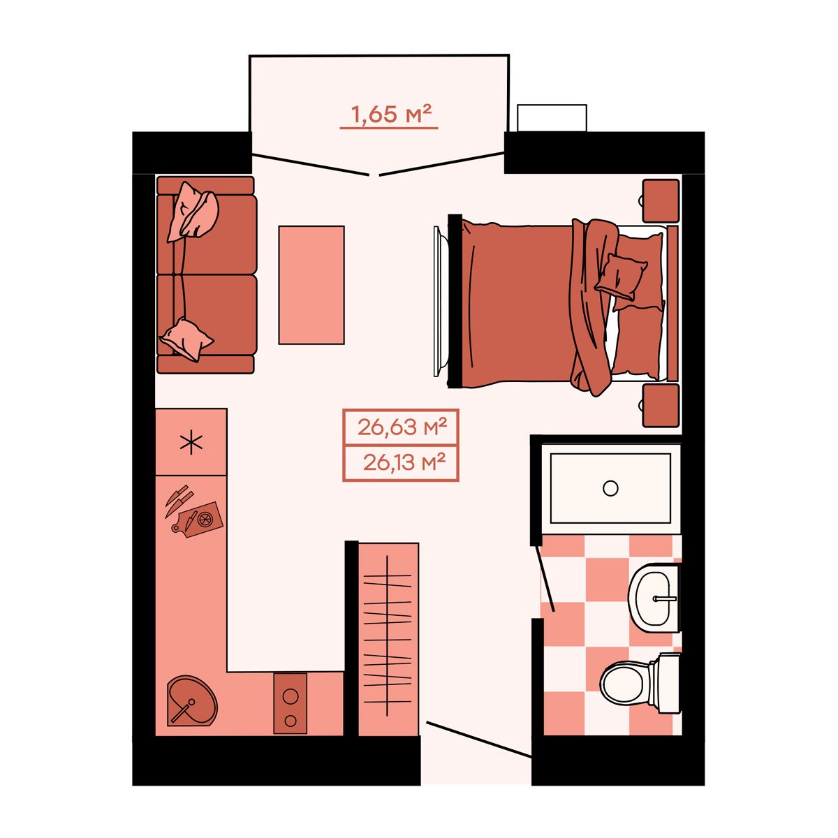 1-комнатная, 26.63 м², № 51 в Клубный (Suncity)