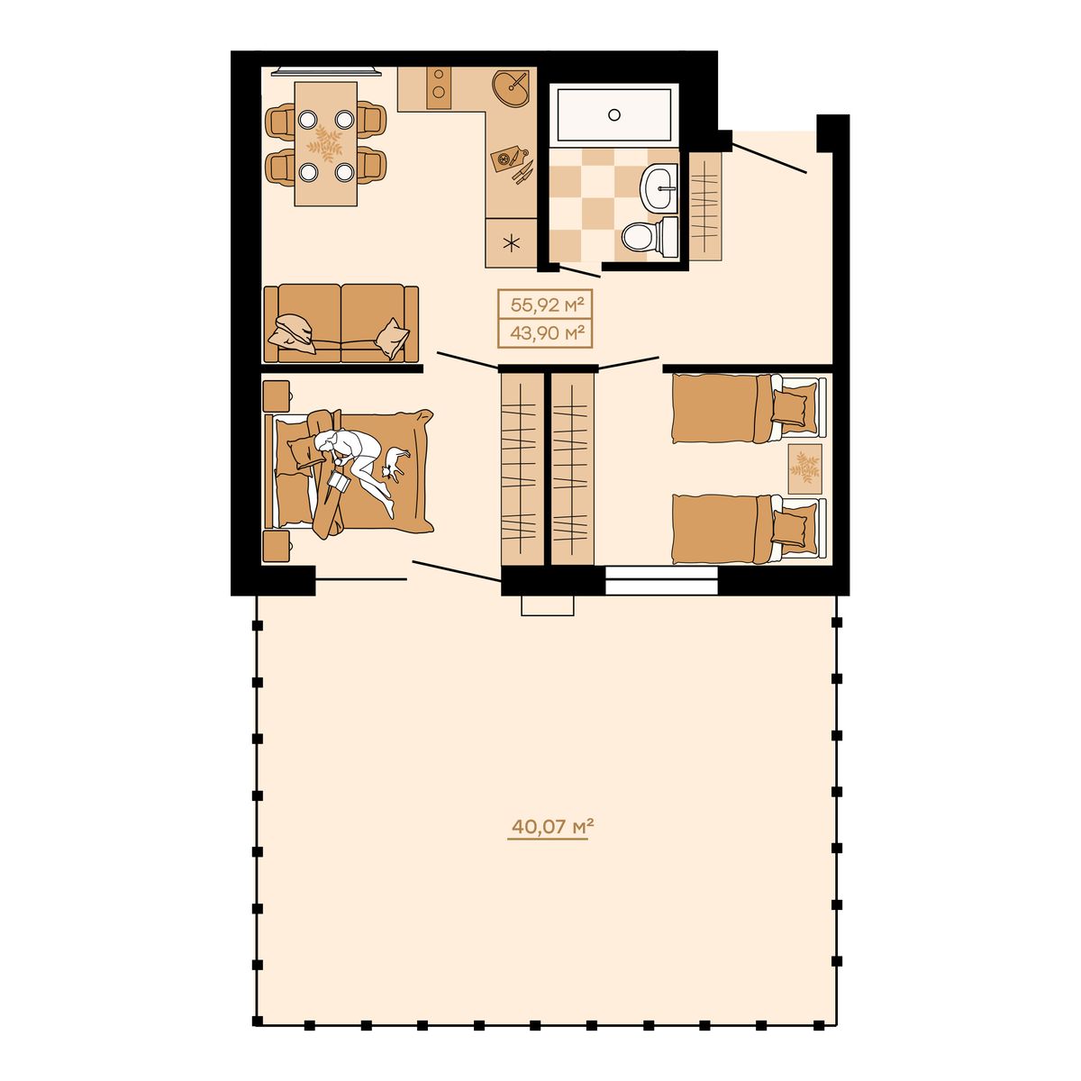 3-комнатная, 55.92 м², № 3 в Клубный (Suncity)