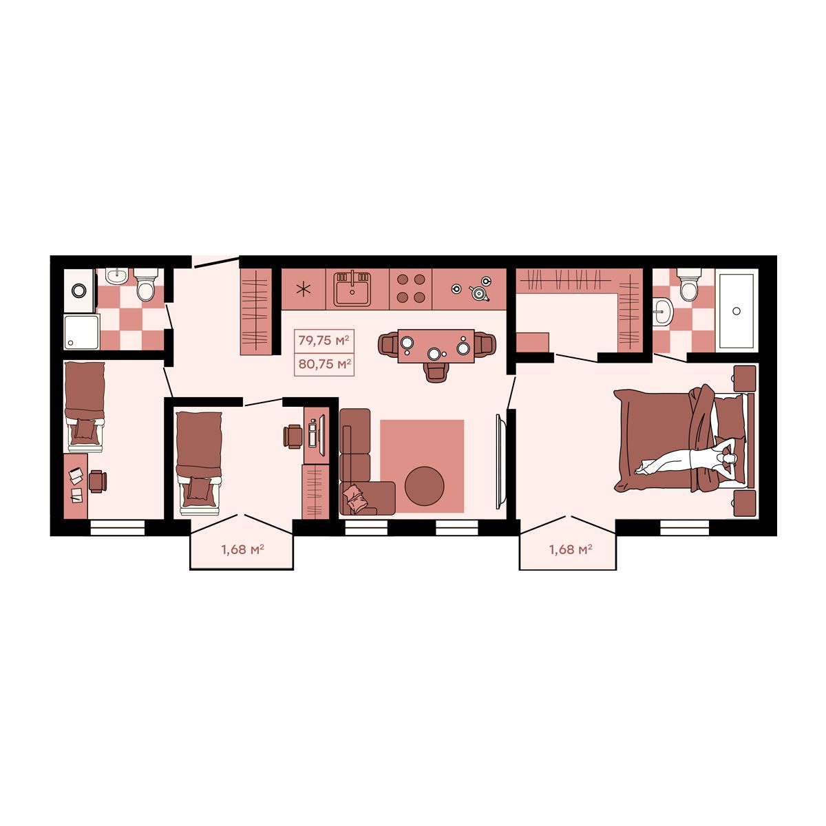 4-комнатная, 80.75 м², № 31 в Клубный (Suncity)