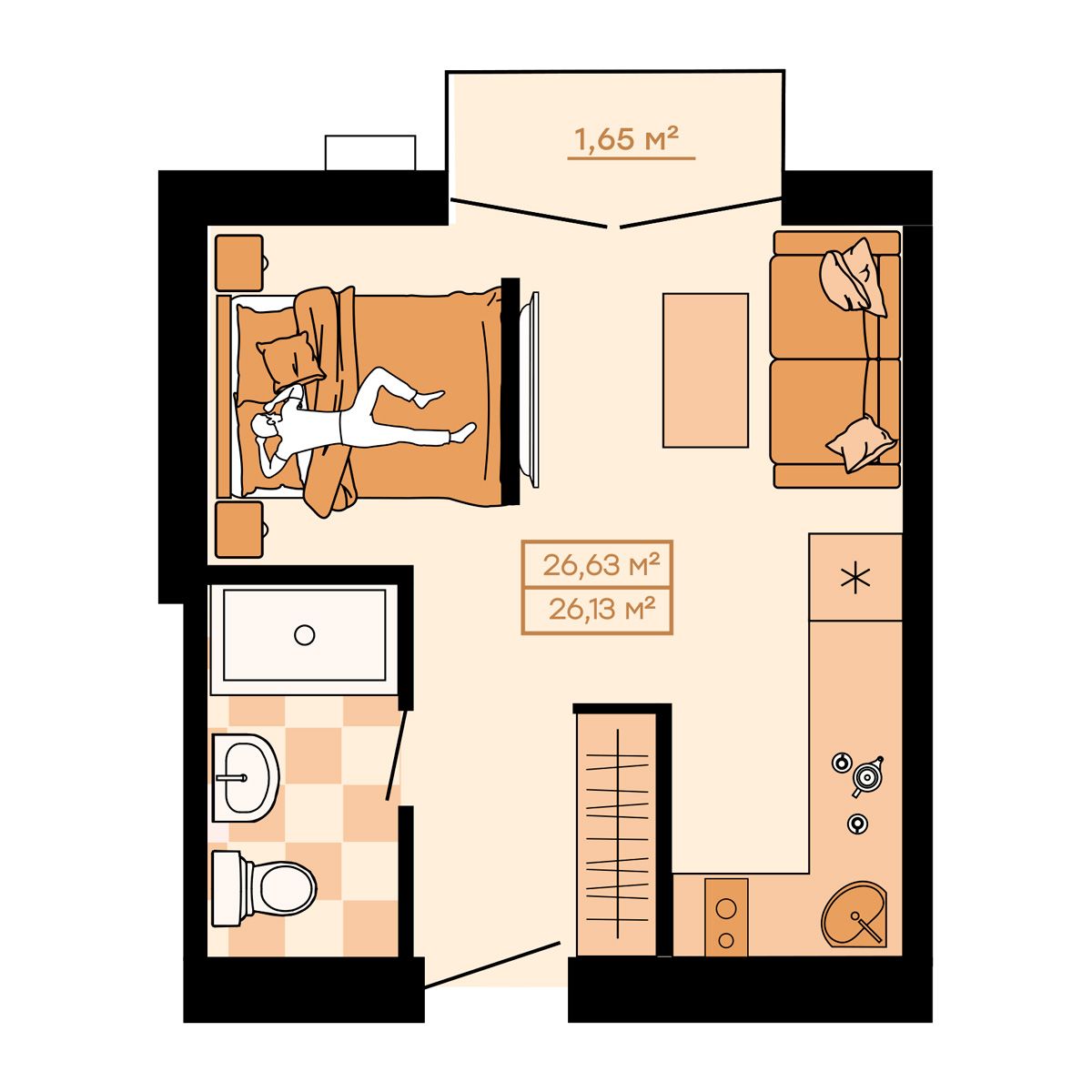 1-комнатная, 26.63 м² 1